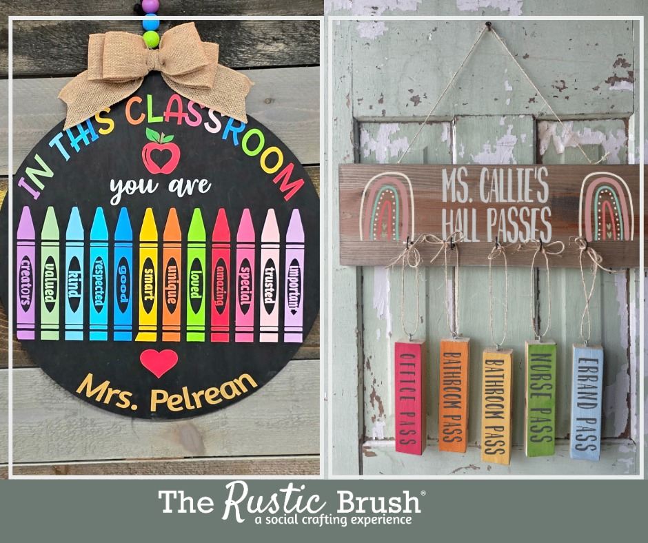 Classroom decor with crayon names and hall passes on a wooden board.