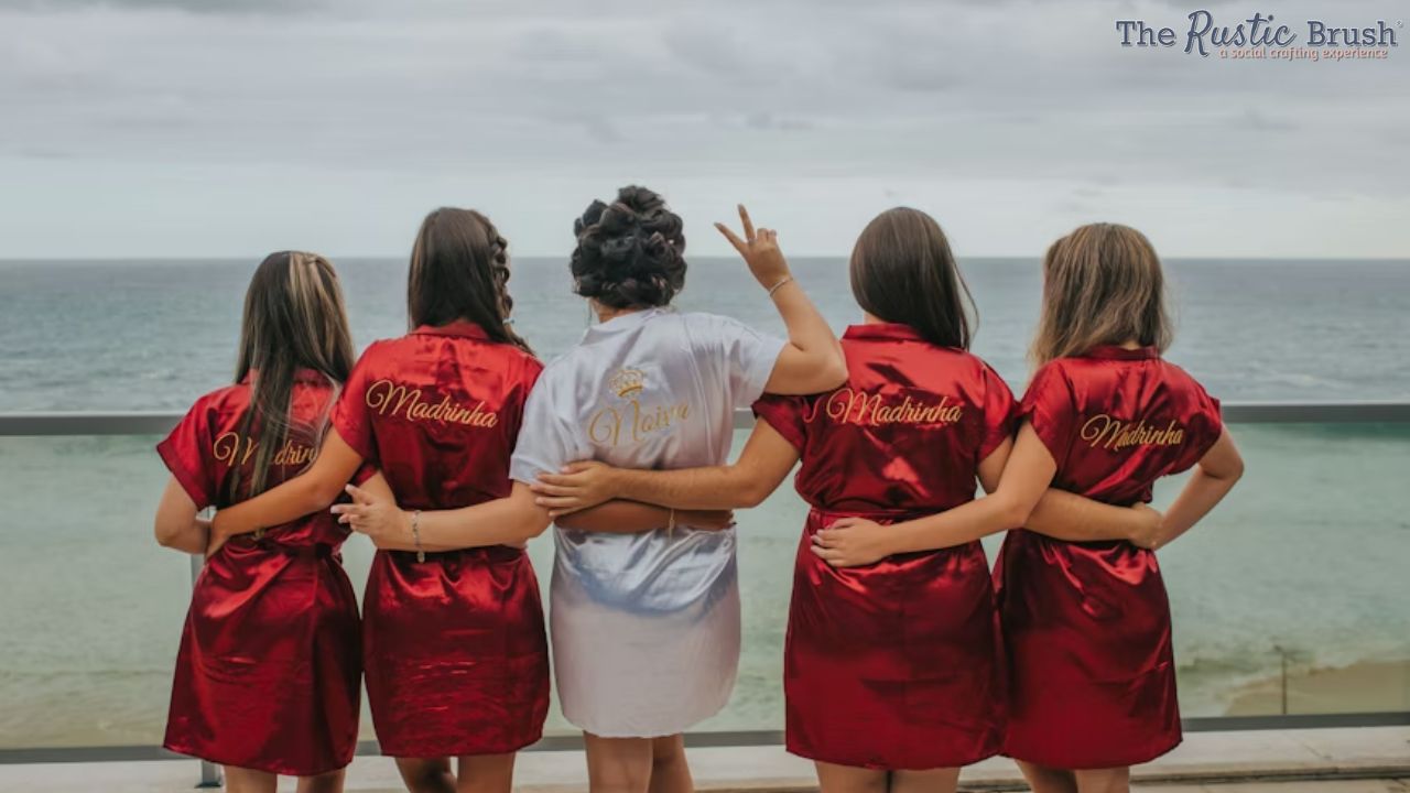 Five women in red and white robes with 'Madrinha' and 'Noiva' face the ocean.